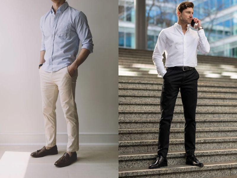 Outfit công sở chuyên nghiệp: quần kaki nam màu ghi và giày Oxford da bóng, mang lại vẻ ngoài lịch thiệp.