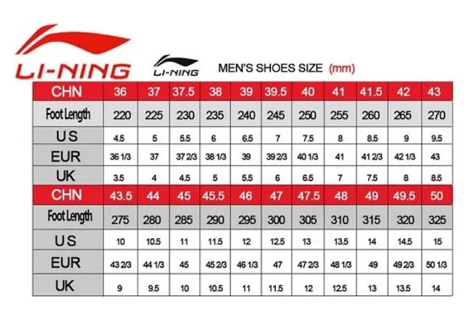Bảng Tra Cứu Size Giày Li-ning Chuẩn Việt Nam Và Quốc Tế