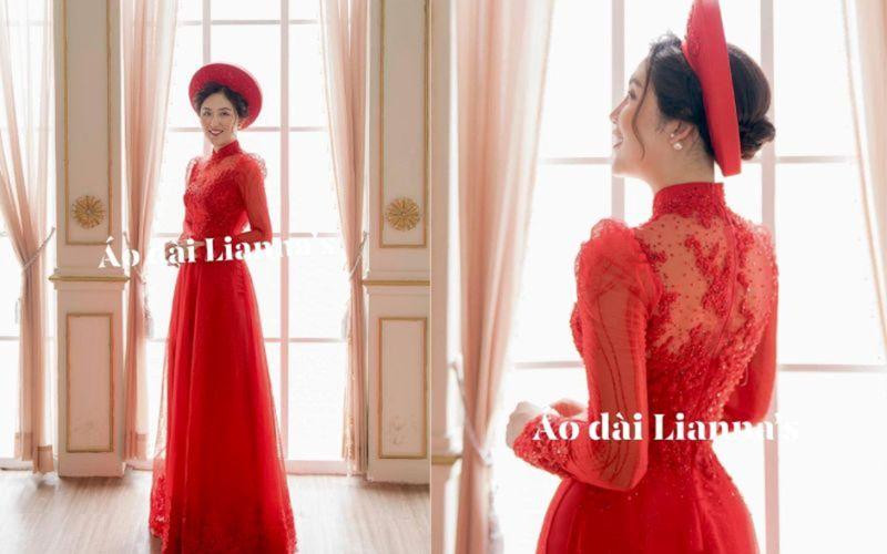 Gợi ý phối áo dài đỏ với quần màu vàng hoặc be hiện đại và nổi bật