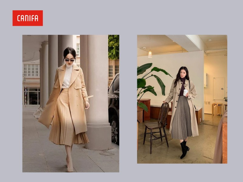 Áo khoác dáng dài màu xám phối layer cùng váy xòe đen cổ điển