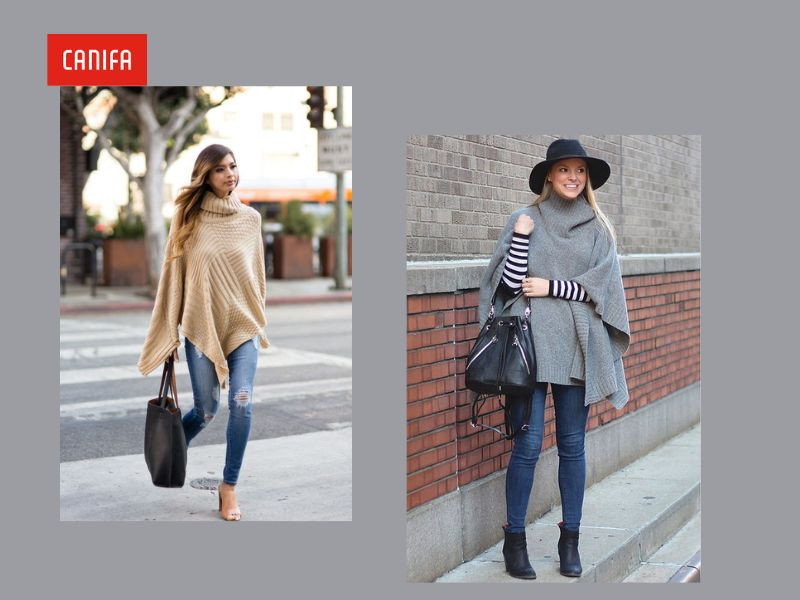 Áo poncho phối cùng quần jeans cho phong cách thường ngày