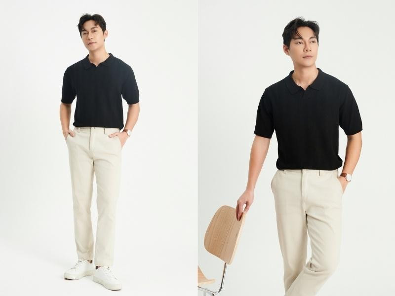 Cách phối áo sơ mi đen cùng quần màu be hoặc xanh navy cho diện mạo trẻ trung