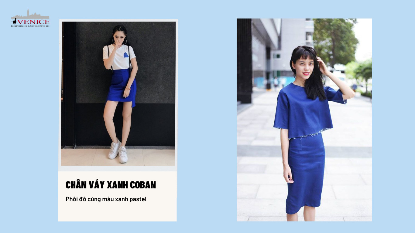 Các sự kết hợp bao gồm áo croptop trắng, áo thun in họa tiết, áo khoác cardigan màu tím nhạt hoặc áo kiểu màu cam đất, tất cả đều hài hòa với sắc xanh pastel của váy