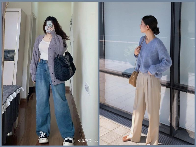 Cô gái lùn mập phối quần jean ống rộng màu xanh đậm với áo len mỏng màu kem, phong cách mùa thu đông ấm áp.