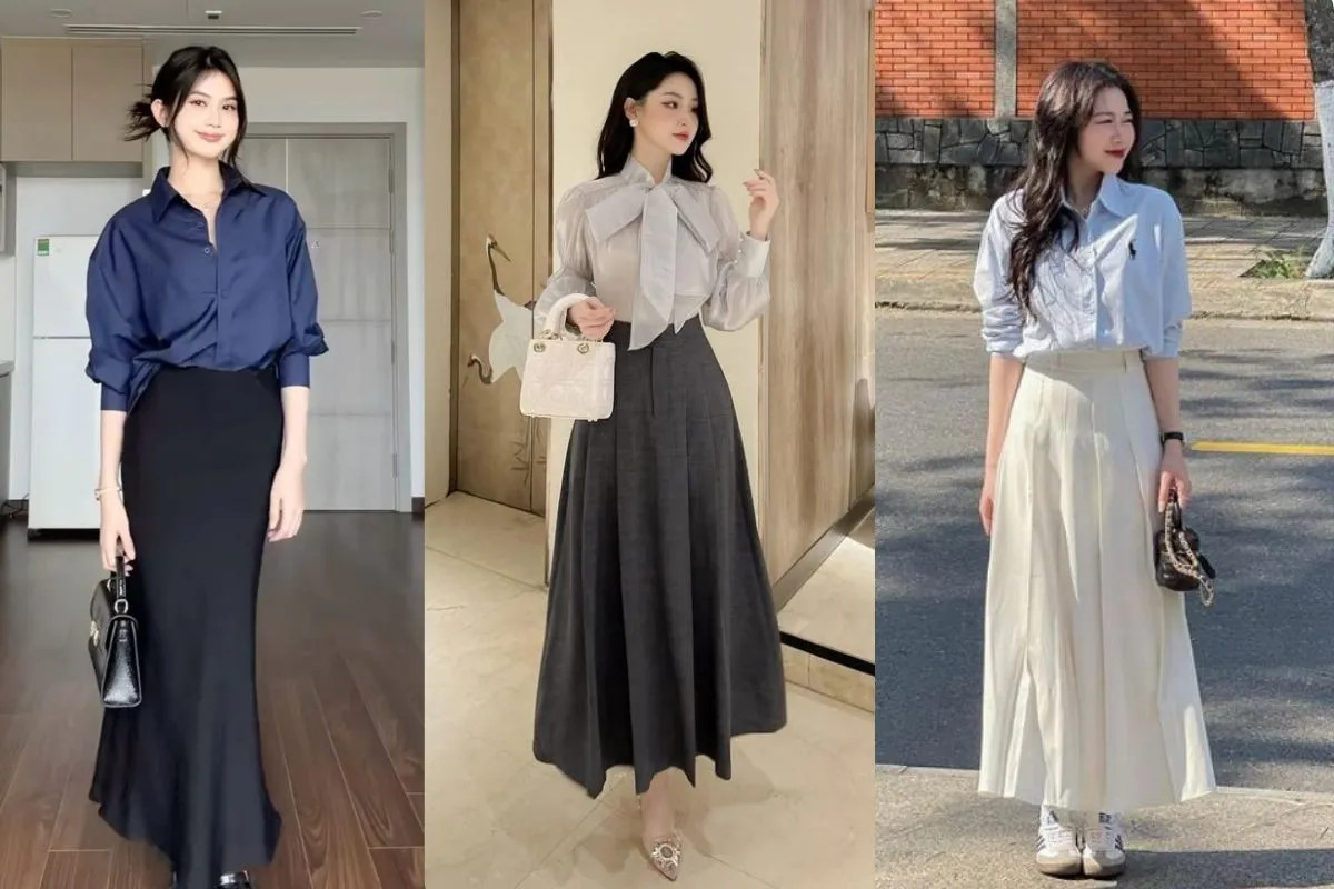 Gợi ý kết hợp chân váy midi cùng áo sơ mi cho phong cách công sở