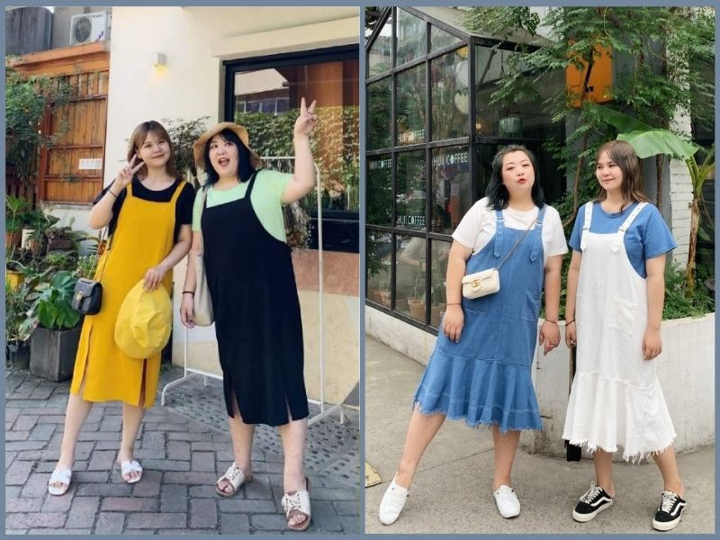 Phối áo phông đơn giản và váy yếm dáng suông