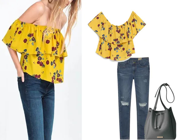 Phối áo trễ vai họa tiết với quần jeans năng động