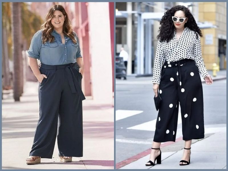Phối đồ với quần culottes lửng cho người mập lùn, kết hợp áo thun và giày cao gót giúp hack chiều cao.