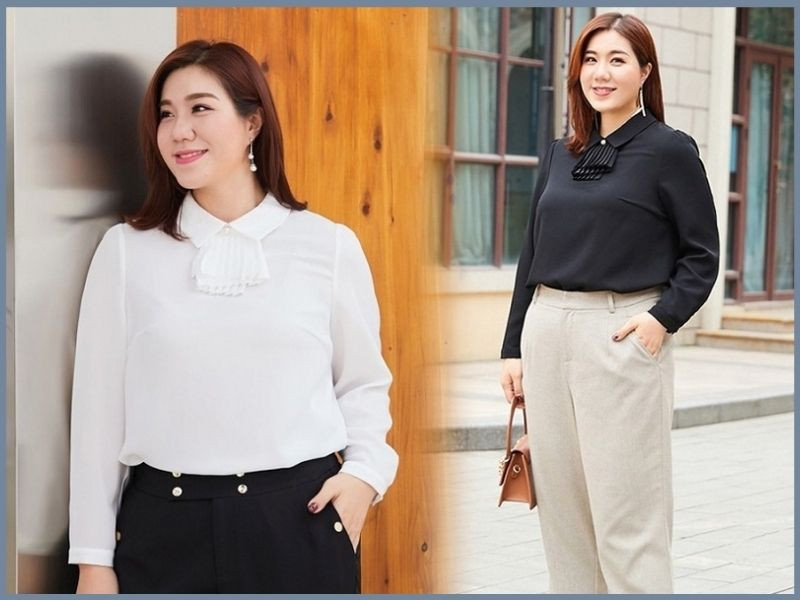Phối quần ống rộng cạp cao màu be với áo sơ mi dài tay màu trắng, phong cách công sở thanh lịch cho người béo.