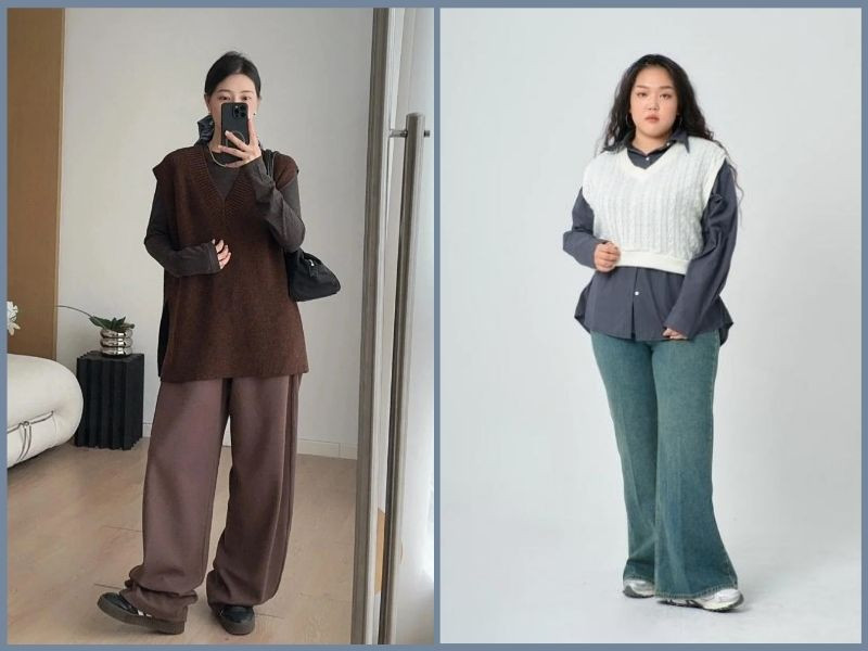 Phối quần ống rộng màu xám với áo sơ mi trắng và áo gile len màu xanh, set đồ layering hiệu quả cho người mập.