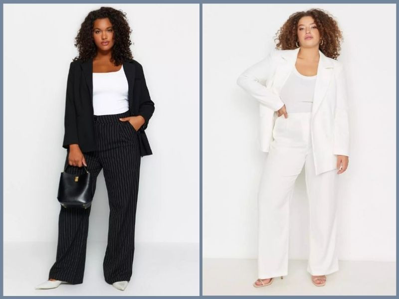 Phối quần ống suông màu đen với áo blazer dáng dài màu trắng, set đồ công sở thanh lịch giúp người mập trông thon gọn.