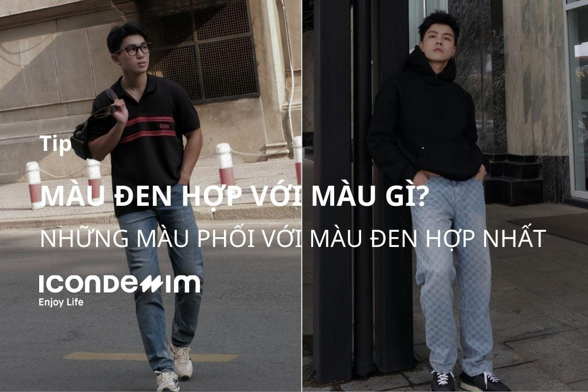Quần xanh dương phối cùng áo đen tạo phong cách mạnh mẽ, hiện đại và phù hợp nhiều dịp