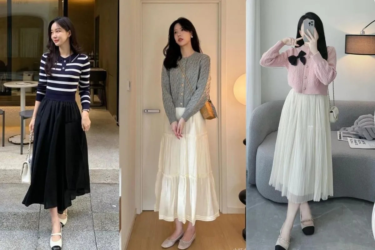 Phong cách phối chân váy midi jean với áo len đơn giản mà cuốn hút