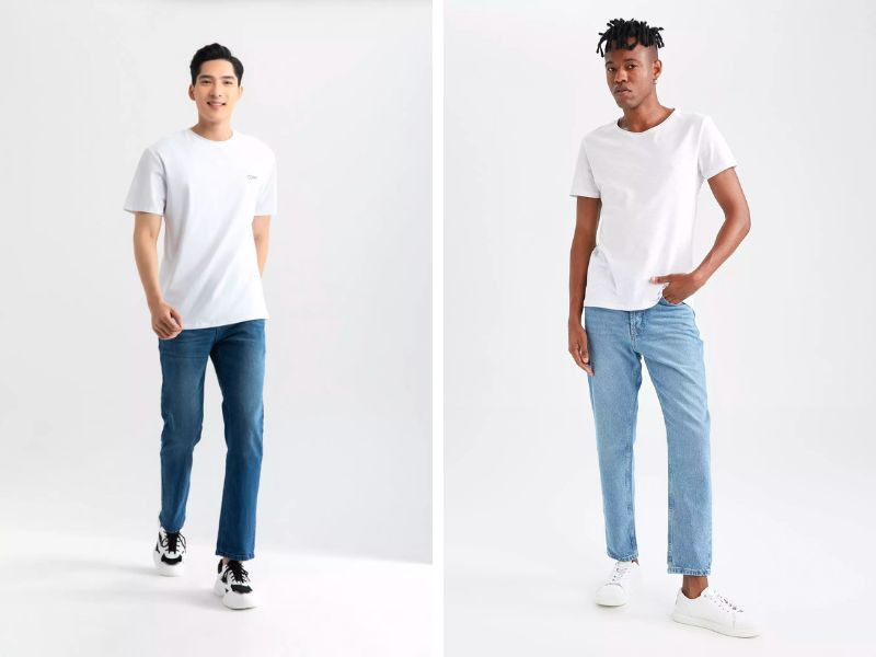Quần jeans nam form body fit màu denim sẫm phối cùng áo thun