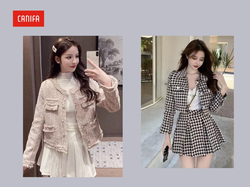 Quý phái với áo khoác dạ tweed và chân váy xòe tông màu pastel