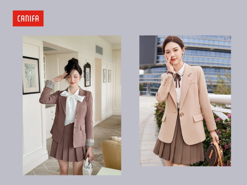 Set đồ thanh lịch với áo khoác blazer màu be và chân váy xòe trắng