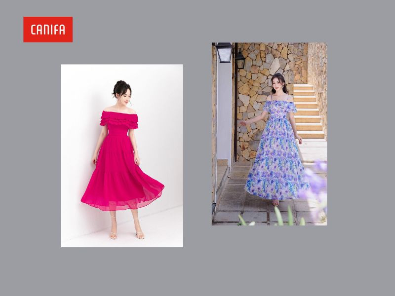 Váy maxi trễ vai họa tiết hoa nhỏ mang nét duyên dáng cuốn hút