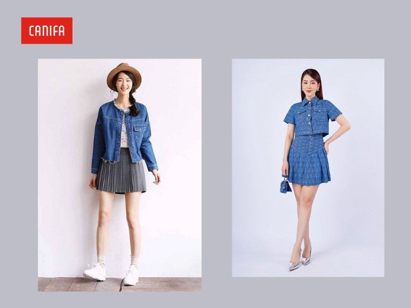 Váy xòe họa tiết kết hợp cùng áo khoác denim bụi bặm