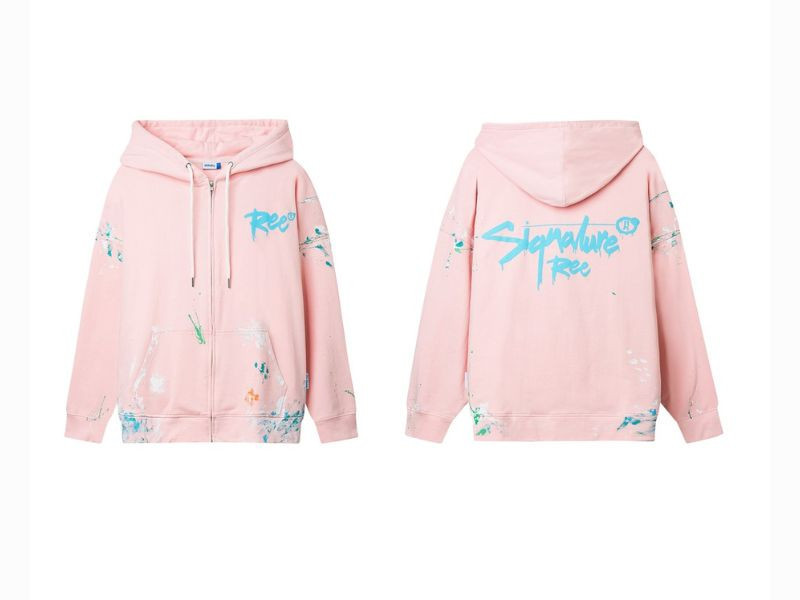 Áo hoodie hồng zip với họa tiết vẩy sơn độc đáo và cá tính