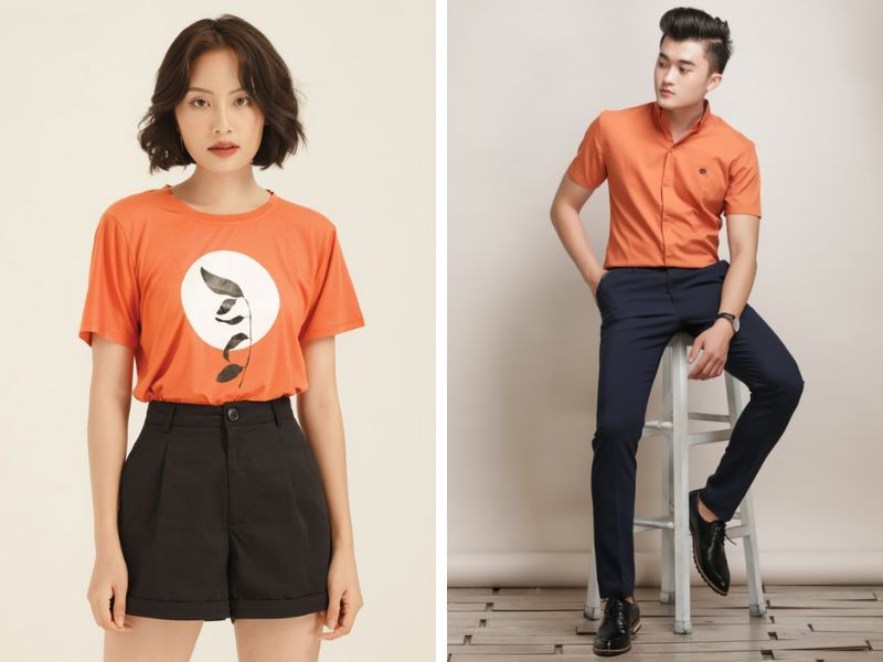 Áo cam phối quần đen tạo phong cách sang trọng tối giản