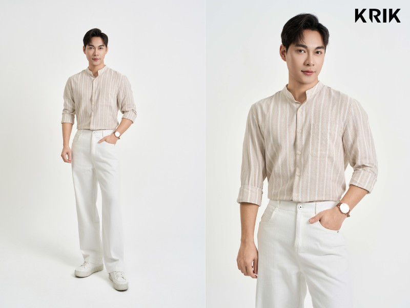 Áo sơ mi hồng kết hợp quần xanh navy tạo phong cách lịch lãm nơi công sở