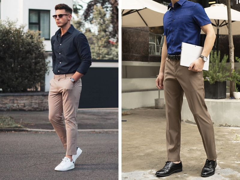 Áo sơ mi xanh navy phối cùng quần tây nâu cho chàng công sở