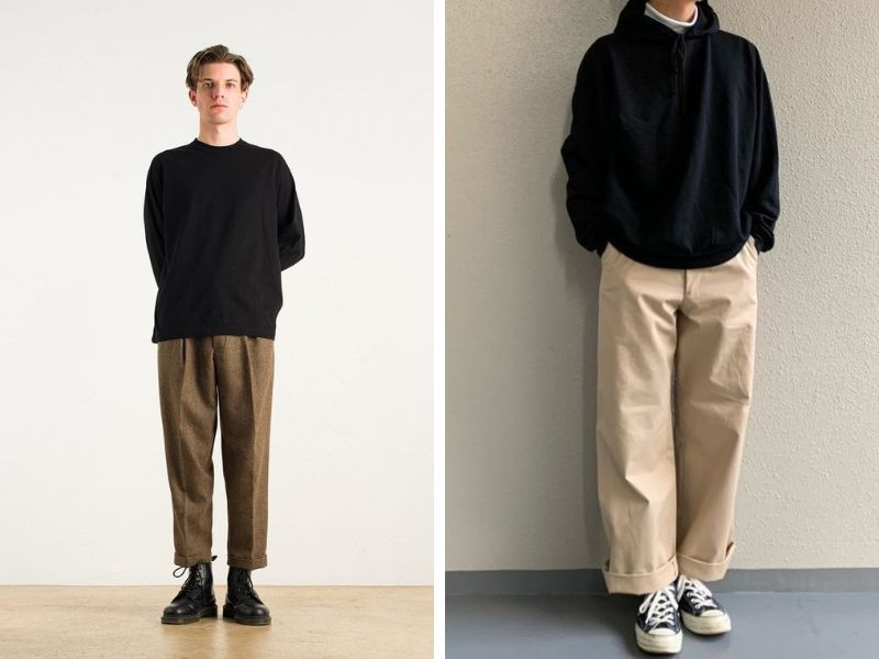 Áo sweater đen kết hợp quần kaki nâu tạo phong cách nam tính