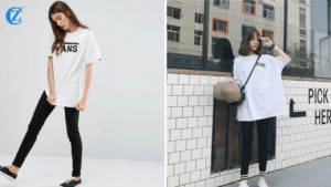 Cách phối áo thun form rộng màu xanh với quần legging đen