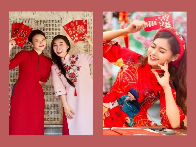 Cô gái duyên dáng tạo dáng chụp ảnh áo dài Tết cùng bao lì xì đỏ rực