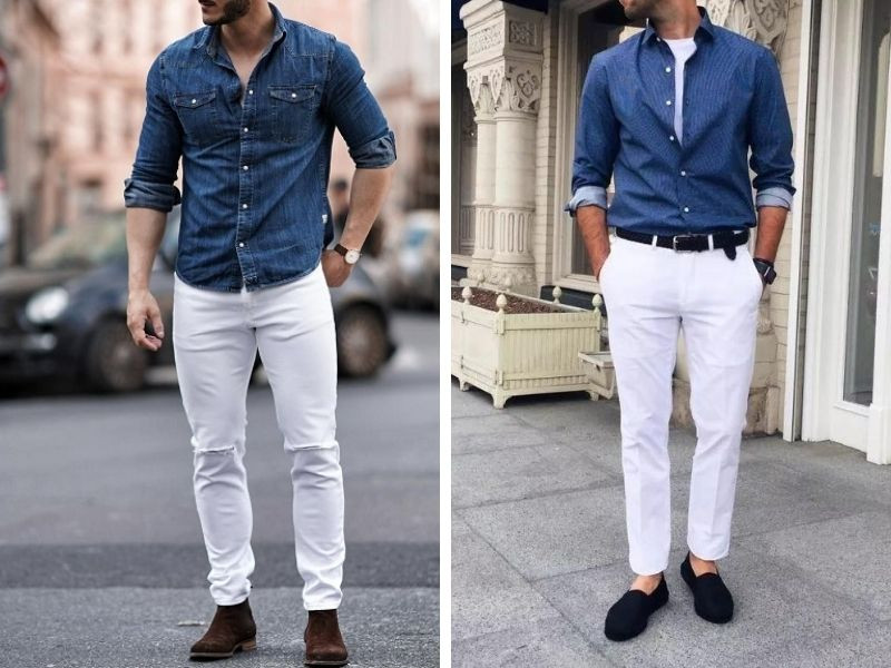 Quần trắng phối sơ mi xanh denim