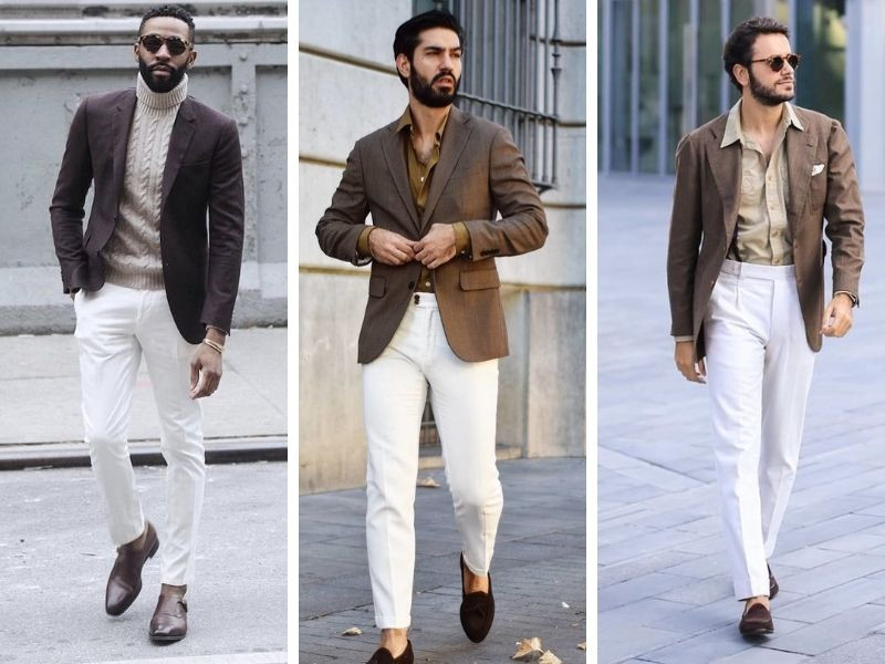 Quần tây nam màu trắng phối áo blazer
