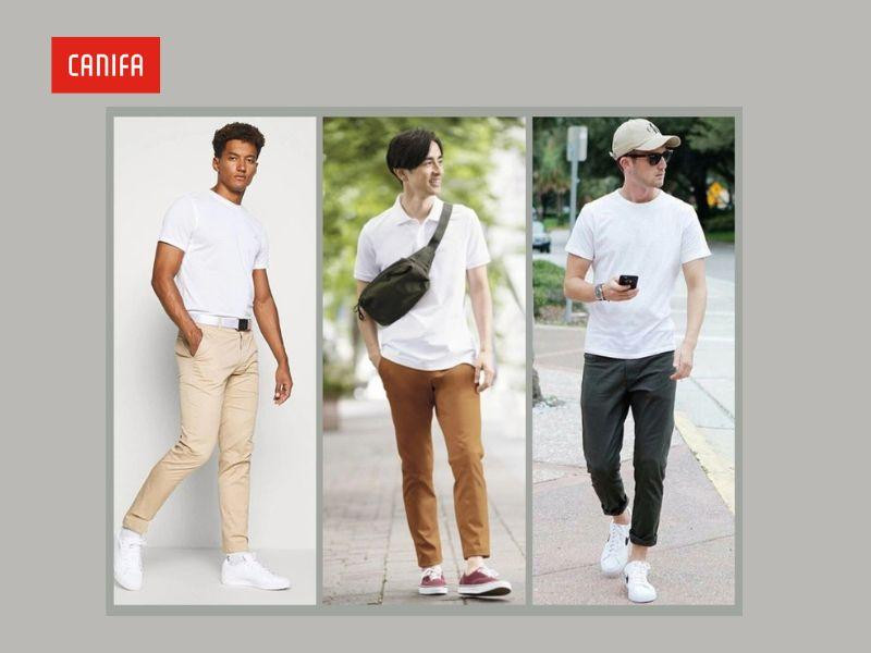 Trang phục khaki phối cùng sneaker trắng phong cách streetwear đường phố hiện đại