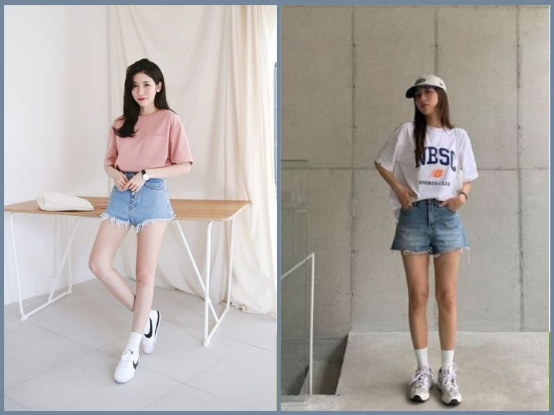 Nữ giới phối áo phông trắng cùng quần short jeans năng động cho buổi đi chơi mùa hè