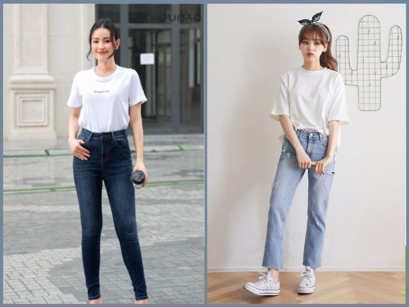 Nữ mặc áo thun trắng đơn giản phối quần jean xanh ống đứng cho outfit mùa hè