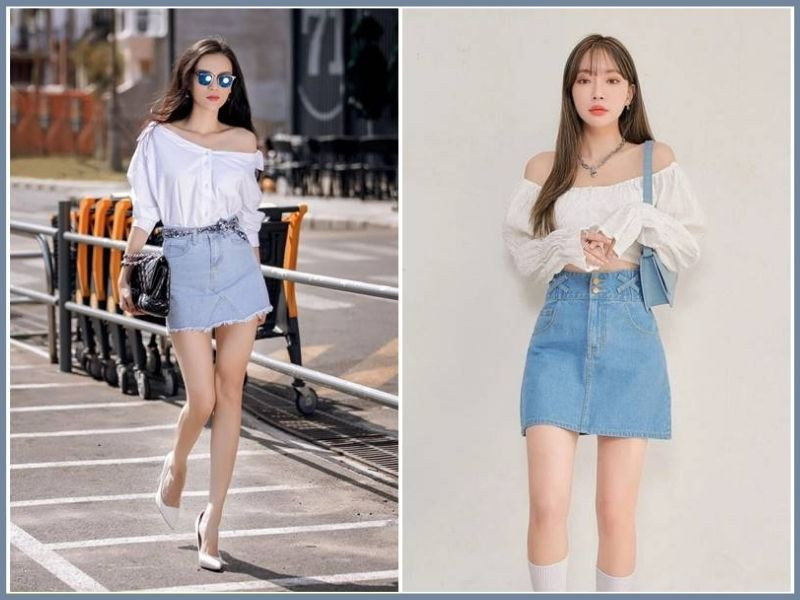Nữ mặc áo trễ vai màu trắng phối cùng quần jean ống rộng