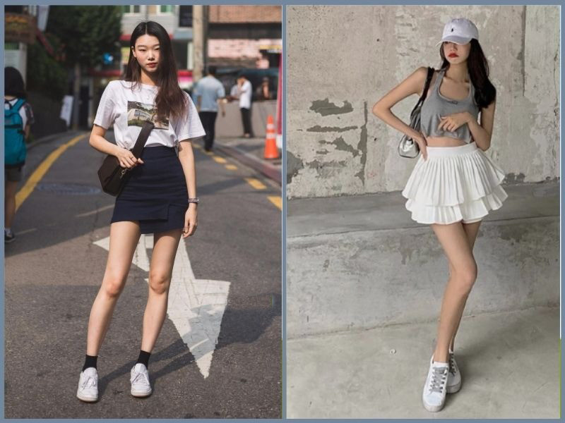 Nữ mặc váy ngắn màu xanh nhạt dáng chữ A phối cùng áo phông và giày sneaker trắng