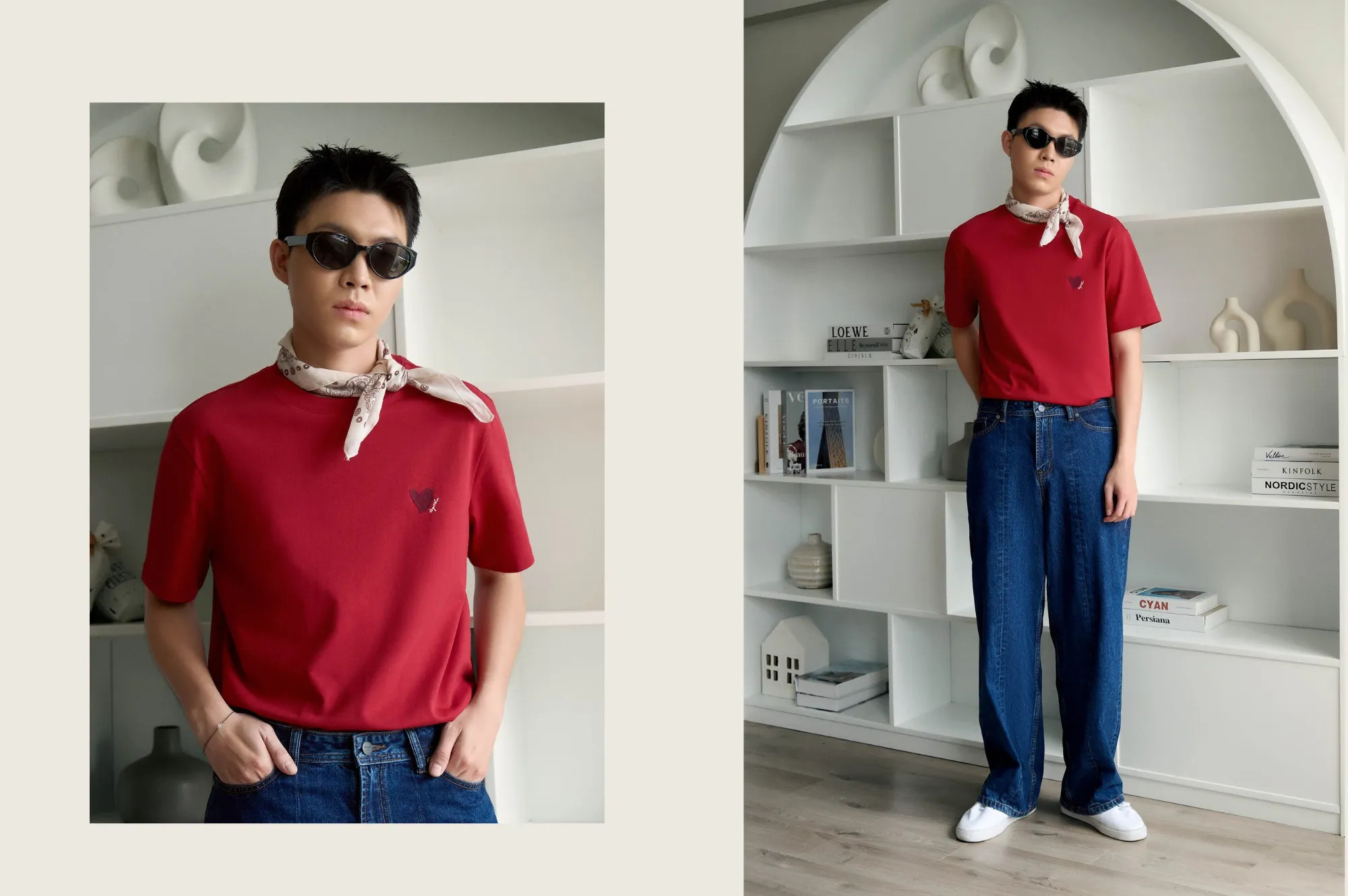 Quần ống đứng xám phối áo thun đen tạo phong cách tối giản