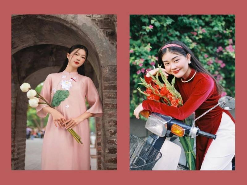 Rạng rỡ sắc xuân với tạo dáng chụp ảnh áo dài Tết bên cành hoa đào khoe sắc