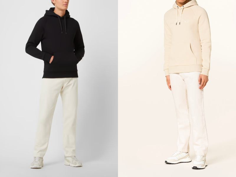 Set đồ phá cách: Áo hoodie màu xám nhạt phối cùng quần kaki trắng, tạo nên vẻ ngoài năng động, trẻ trung và thoải mái.