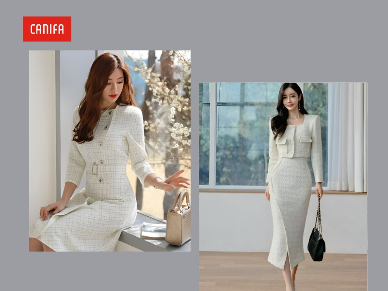 Style mặc Tết thanh lịch với đầm vải tweed sang trọng