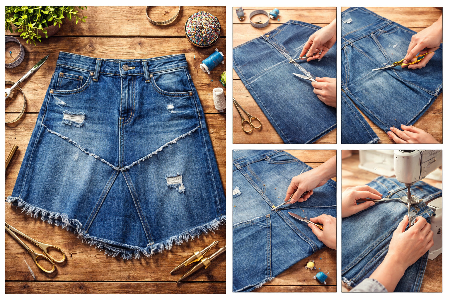 Minh họa quá trình biến quần jean cũ thành váy denim phong cách