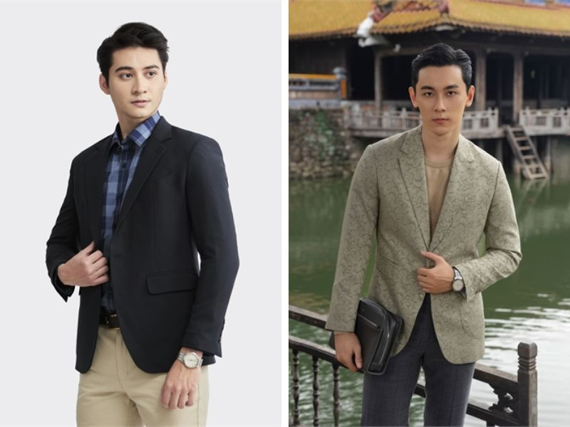Người đàn ông mặc áo khoác giả vest nam màu xám kẻ caro, dáng classic