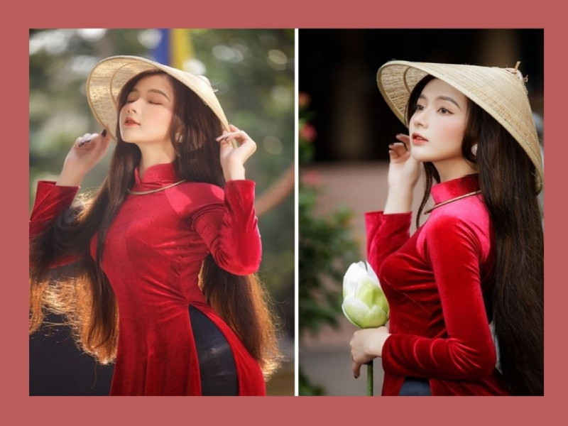 Vẻ đẹp truyền thống khi tạo dáng chụp ảnh áo dài Tết cùng nón lá Việt Nam