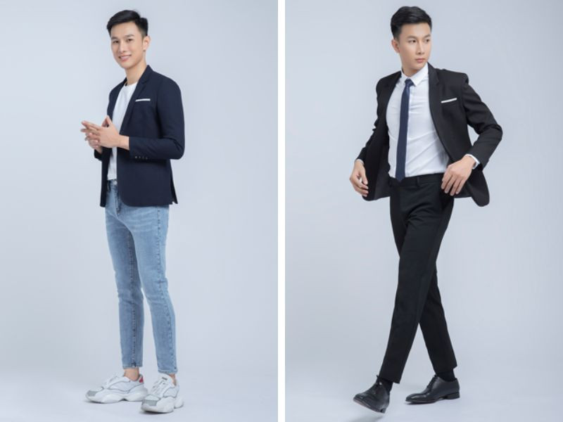 Người đàn ông mặc áo khoác giả vest nam màu xám nhạt, ve cổ K